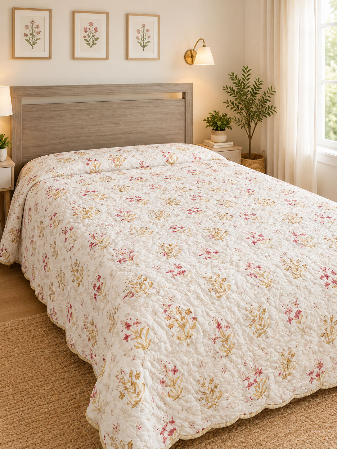 Hand Block Printed Reversible Cotton Quilt - Meadow Bloom