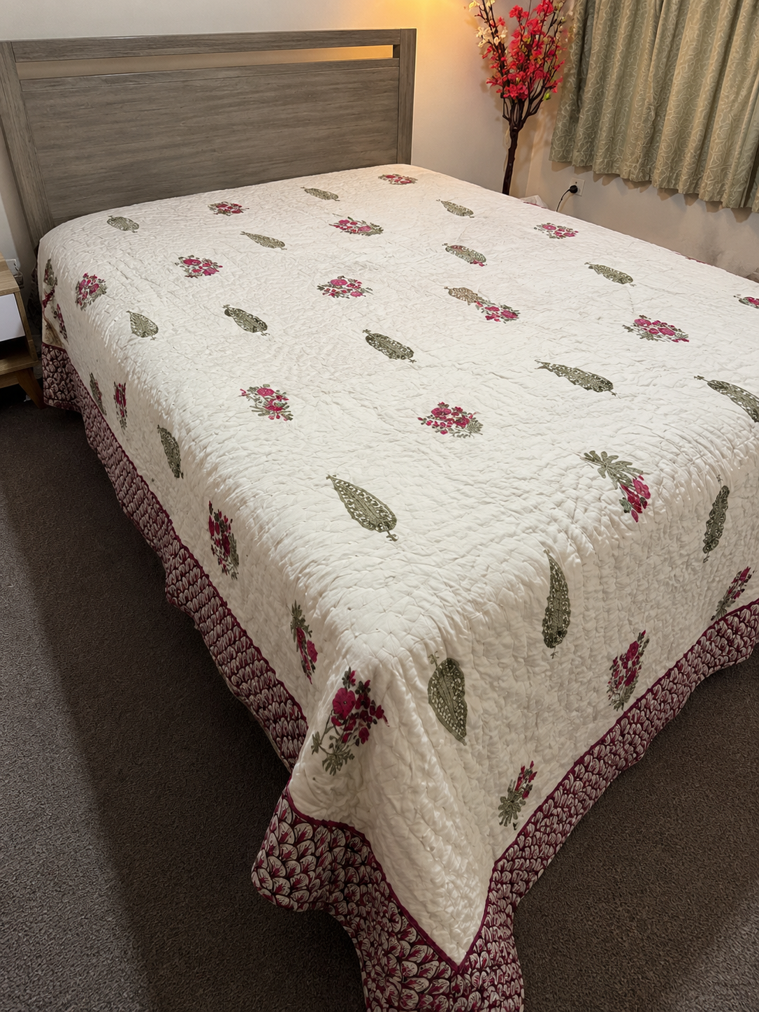 Hand Block Printed Cotton Quilt - Ivory Meadow