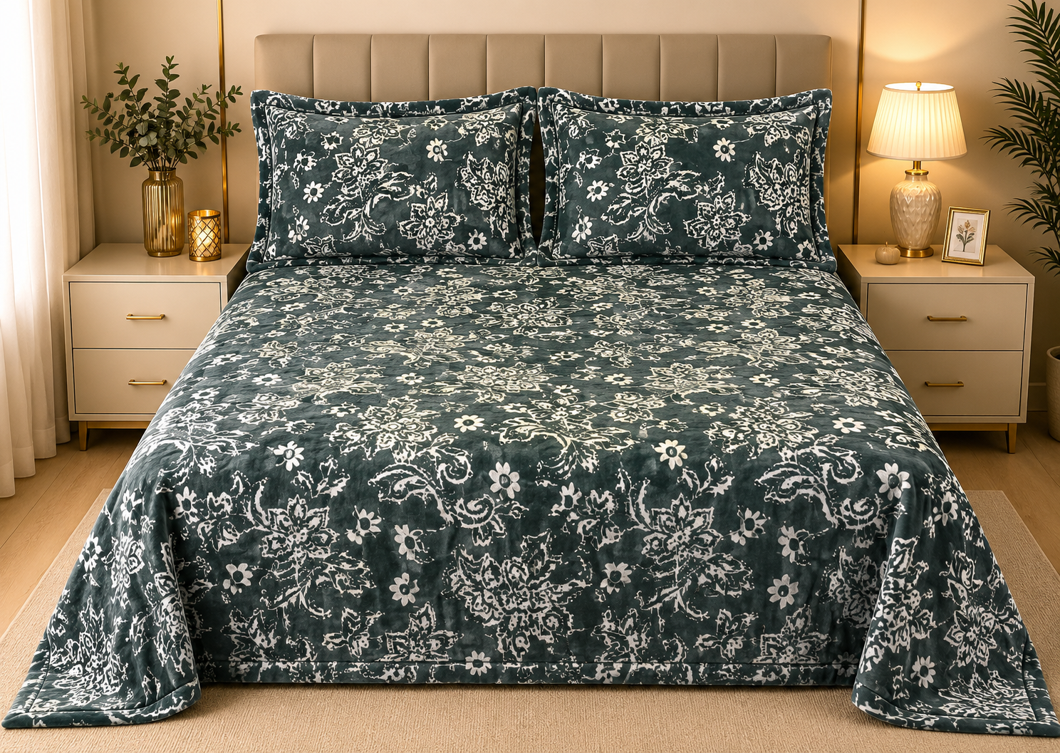 Latte Floral Luxe Woolen Bedsheet