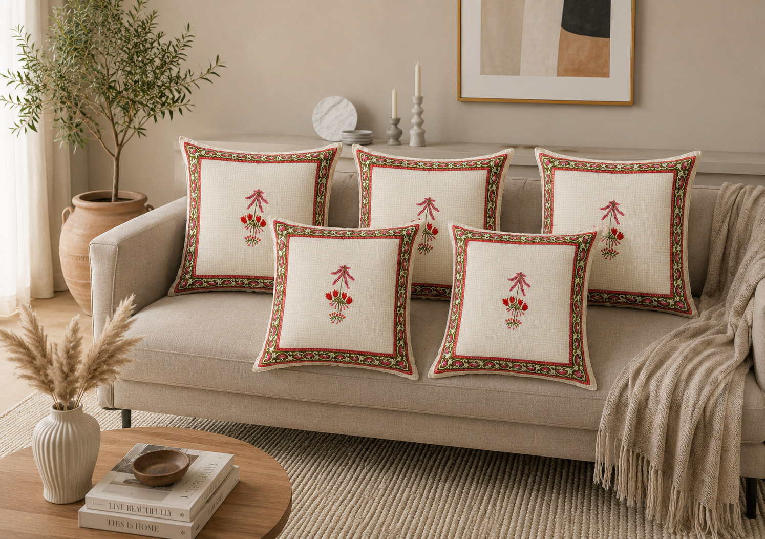 Classic Floral Elegance Hand Block Cotton Cushion Cover