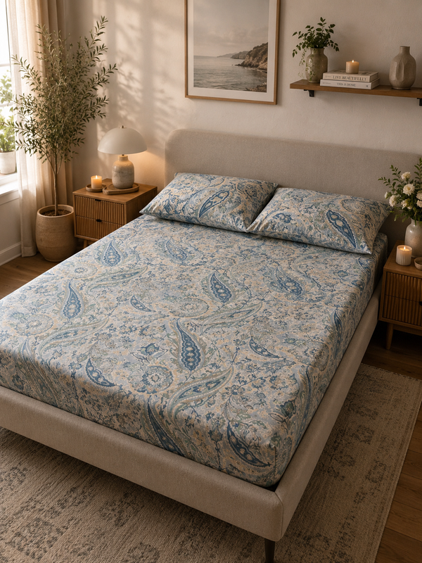 Blue Patels All Over Cotton Fitted Bedsheet