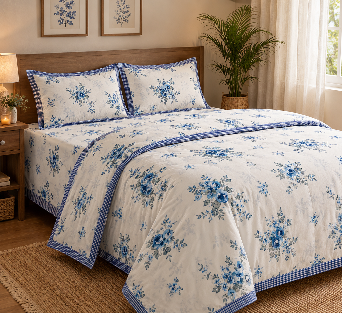 Blue Garden Romance - Queen Size Floral Bedding Set — 4 Piece