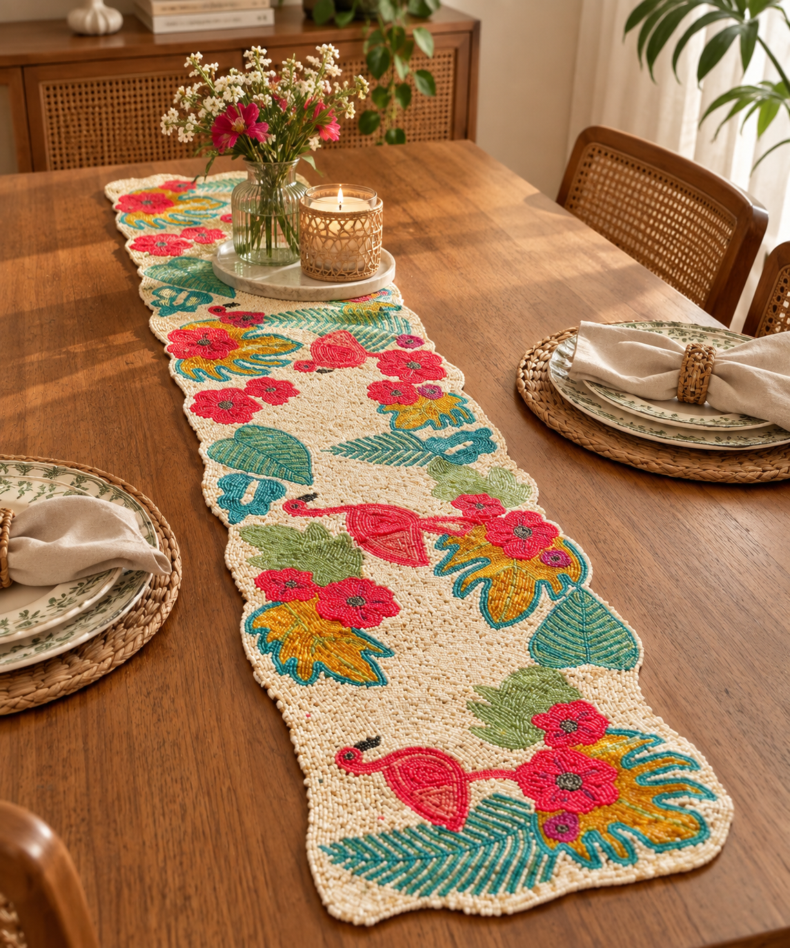 🌺 Hand-Beaded Flamingo Garden Table Runner