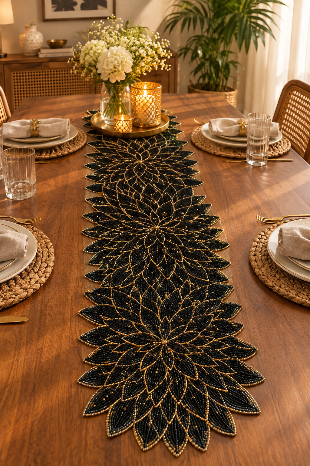 Black Noir Floral Table Runner