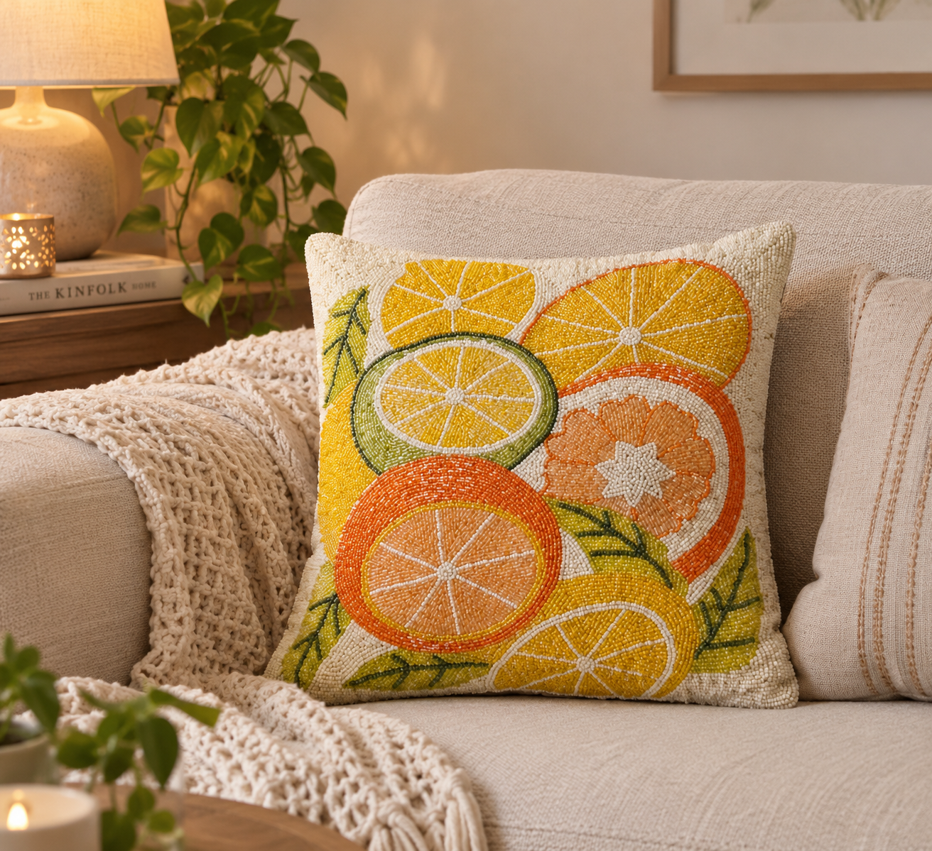 🍊 Hand-Beaded Citrus Cushion Cover