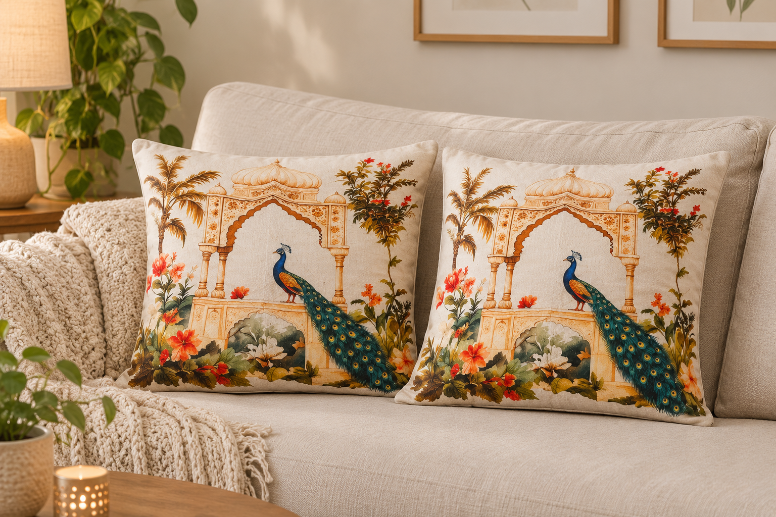 🌿 Peacock Palace Cotton Cushion Cover – Set of 2