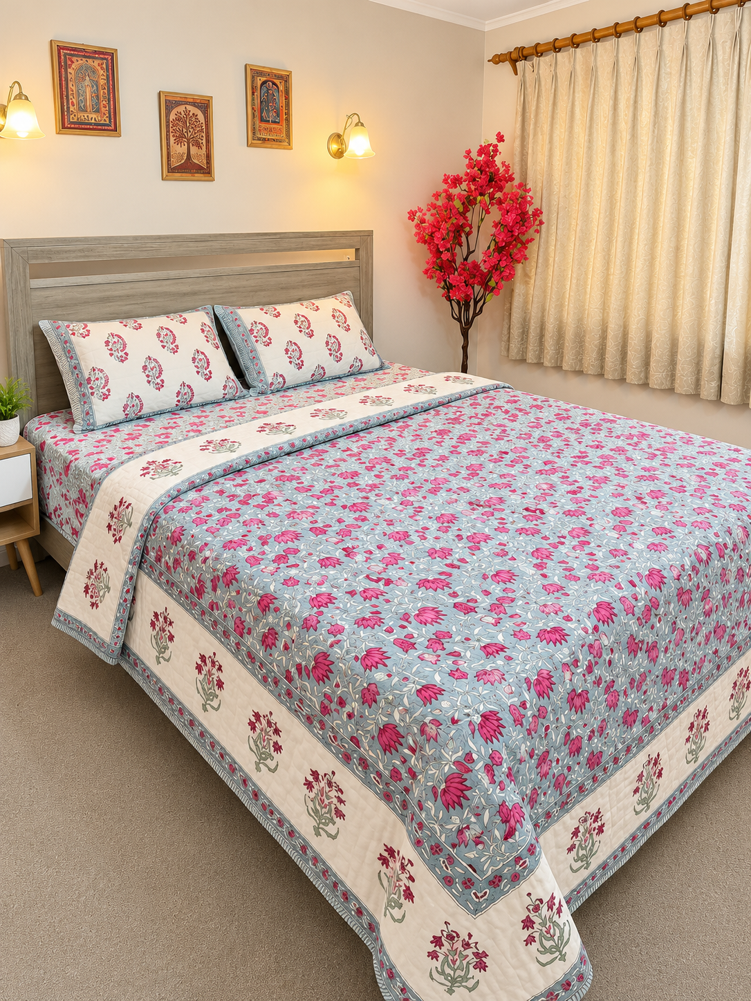 Hand Block Printed Cotton Queen Bedding Set – Jaipur Blossom
