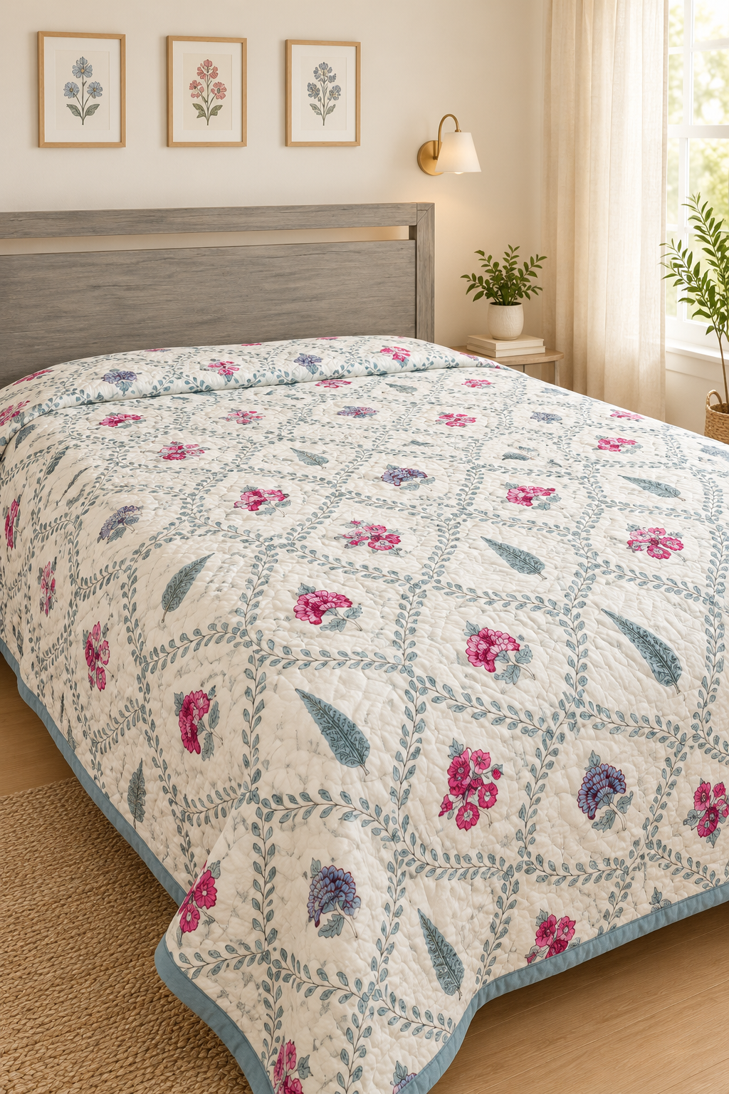 Hand Block Printed Cotton Quilt - Indigo Saaz