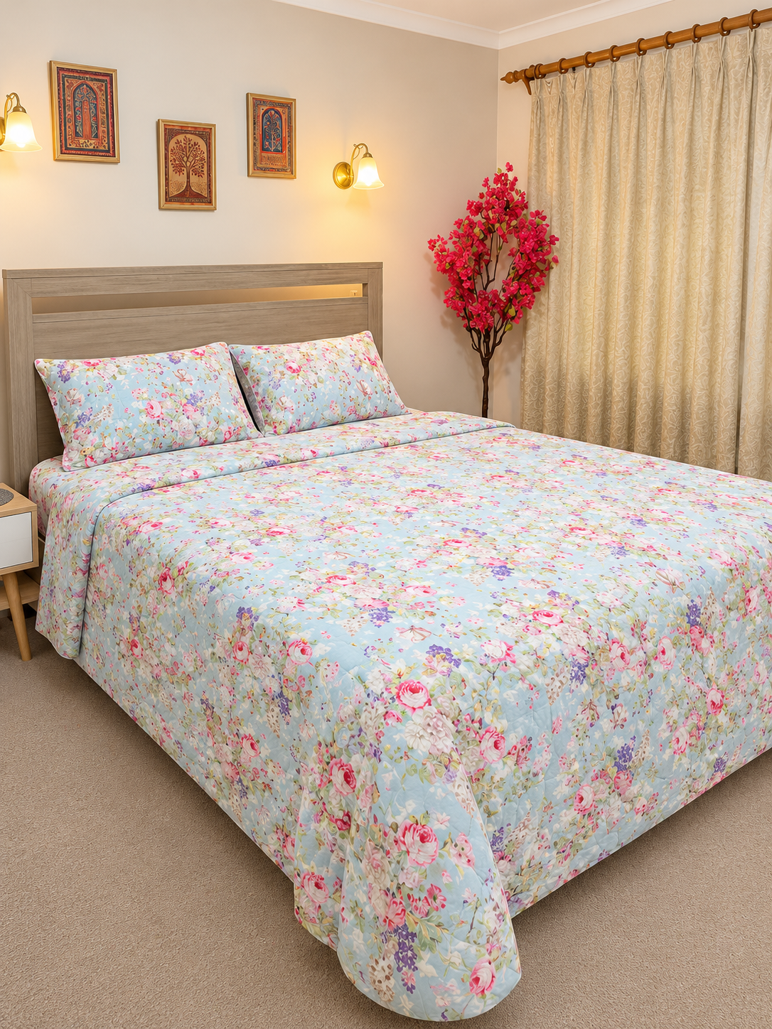 Hand Block Printed Cotton Queen Bedding Set – Noor Floral Elegance