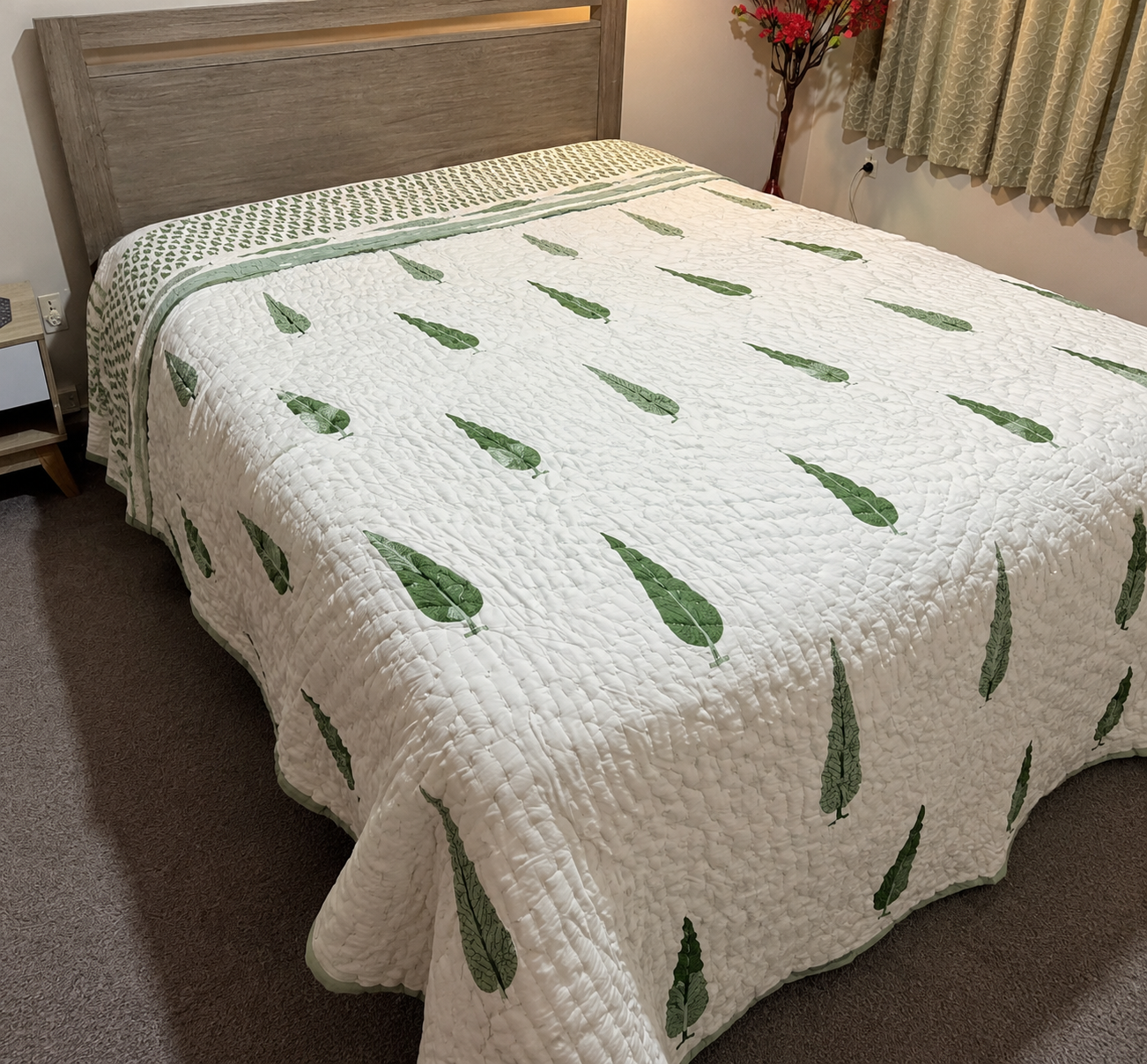 Hand Block Printed Cotton Queen Bedding Set – Sage Leaf Serenity Quilt