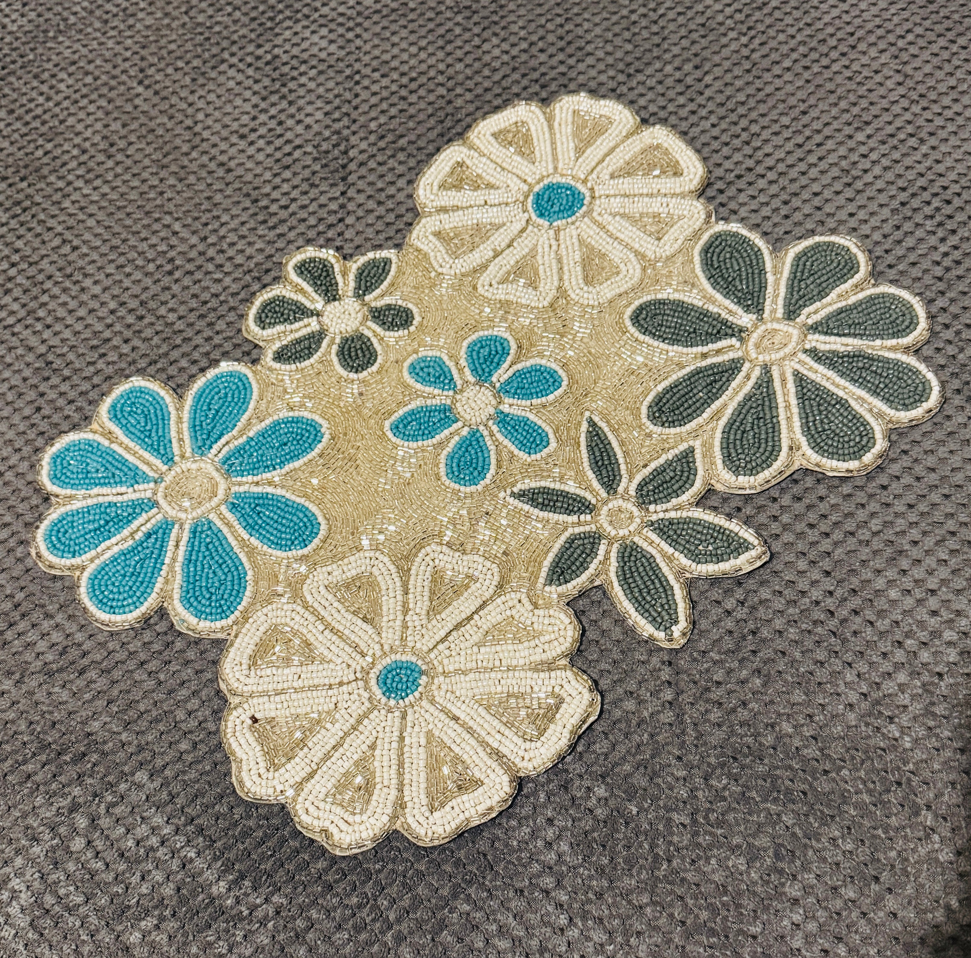 Turquoise & Ivory - Hand-Beaded Floral Table Mat