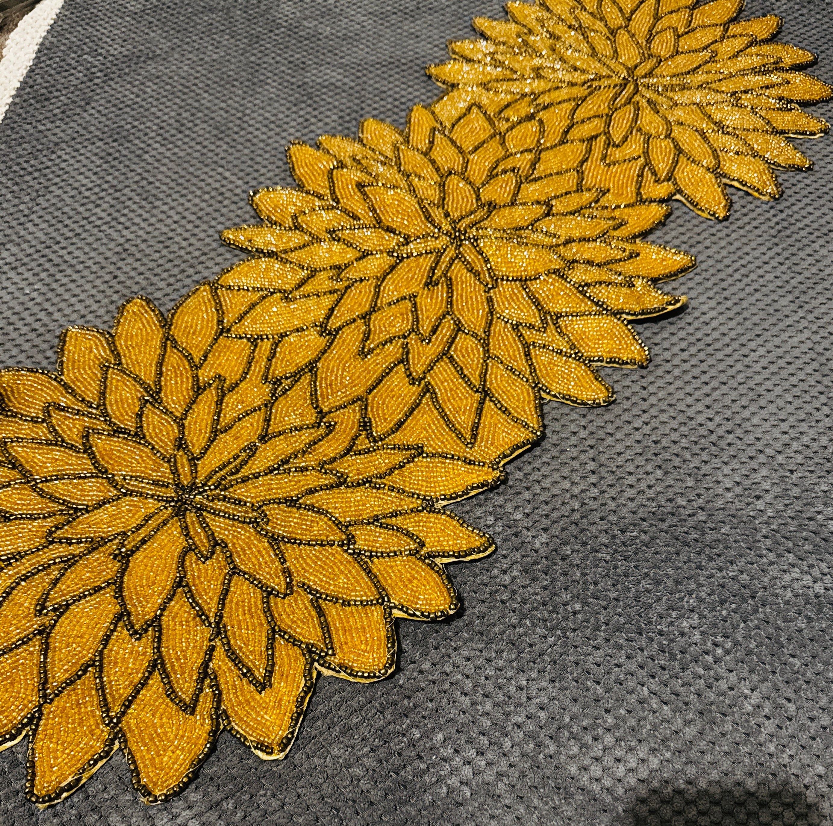 Hand-Beaded Golden Floral Table Runner