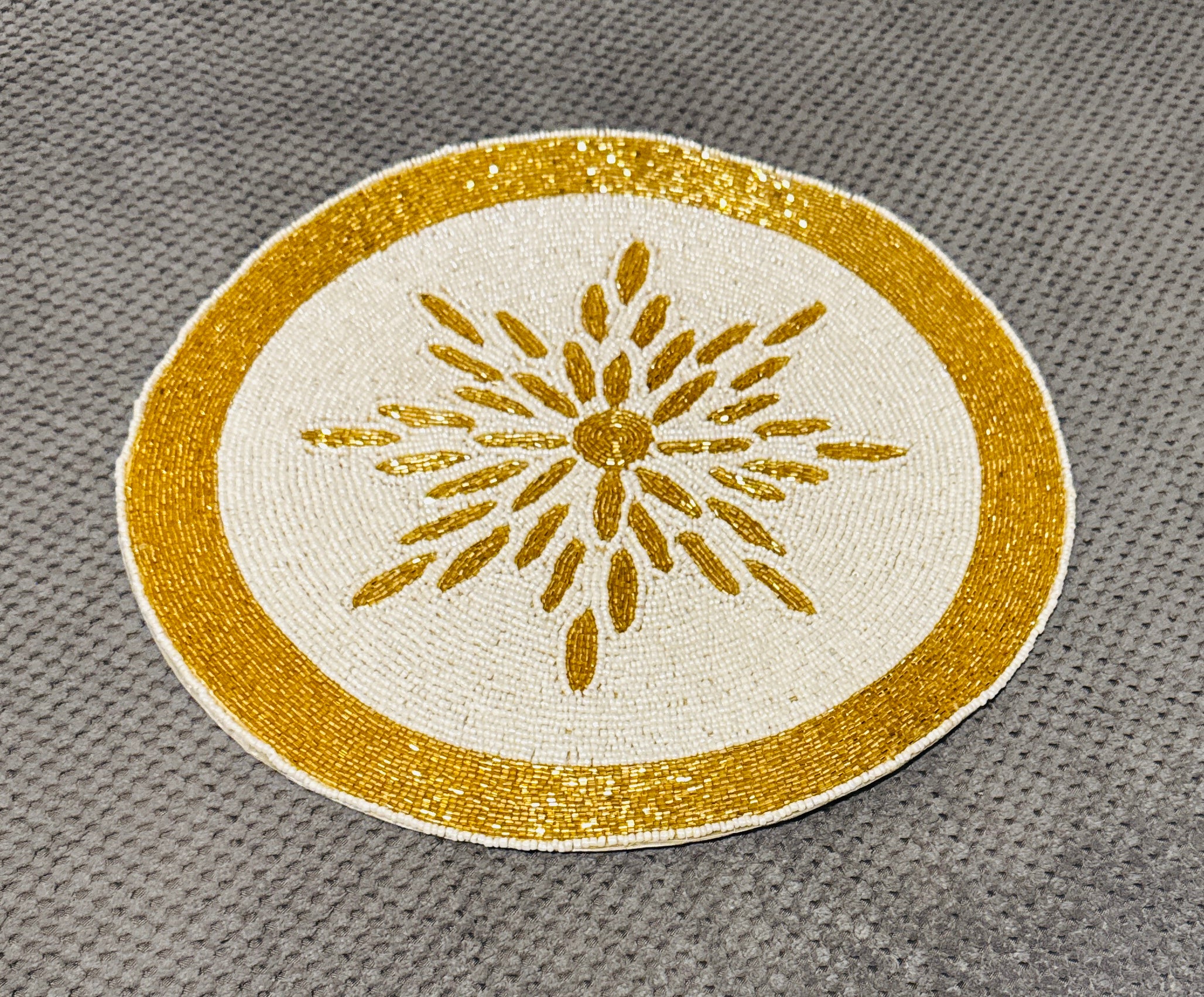 Hand-Beaded Round Table Mat – Gold & Ivory