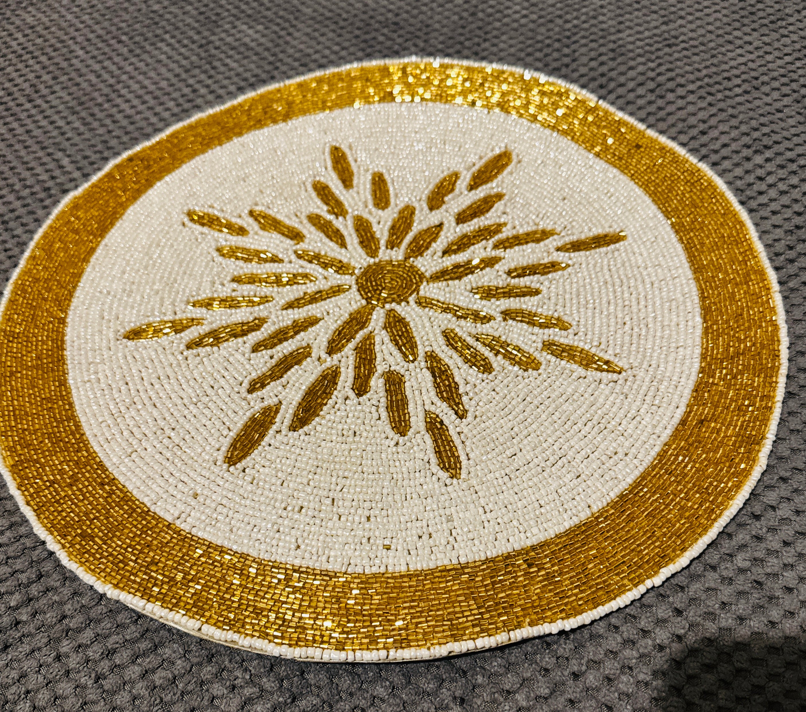 Hand-Beaded Round Table Mat – Gold & Ivory