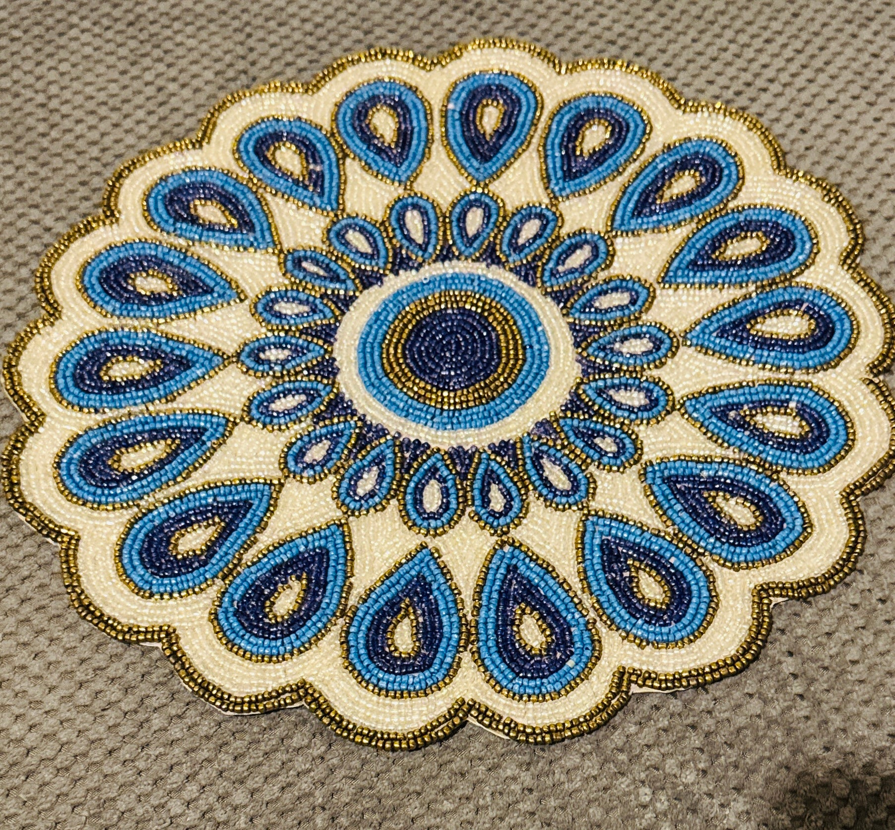 Hand-Beaded Peacock Table Mat – Blue & Gold