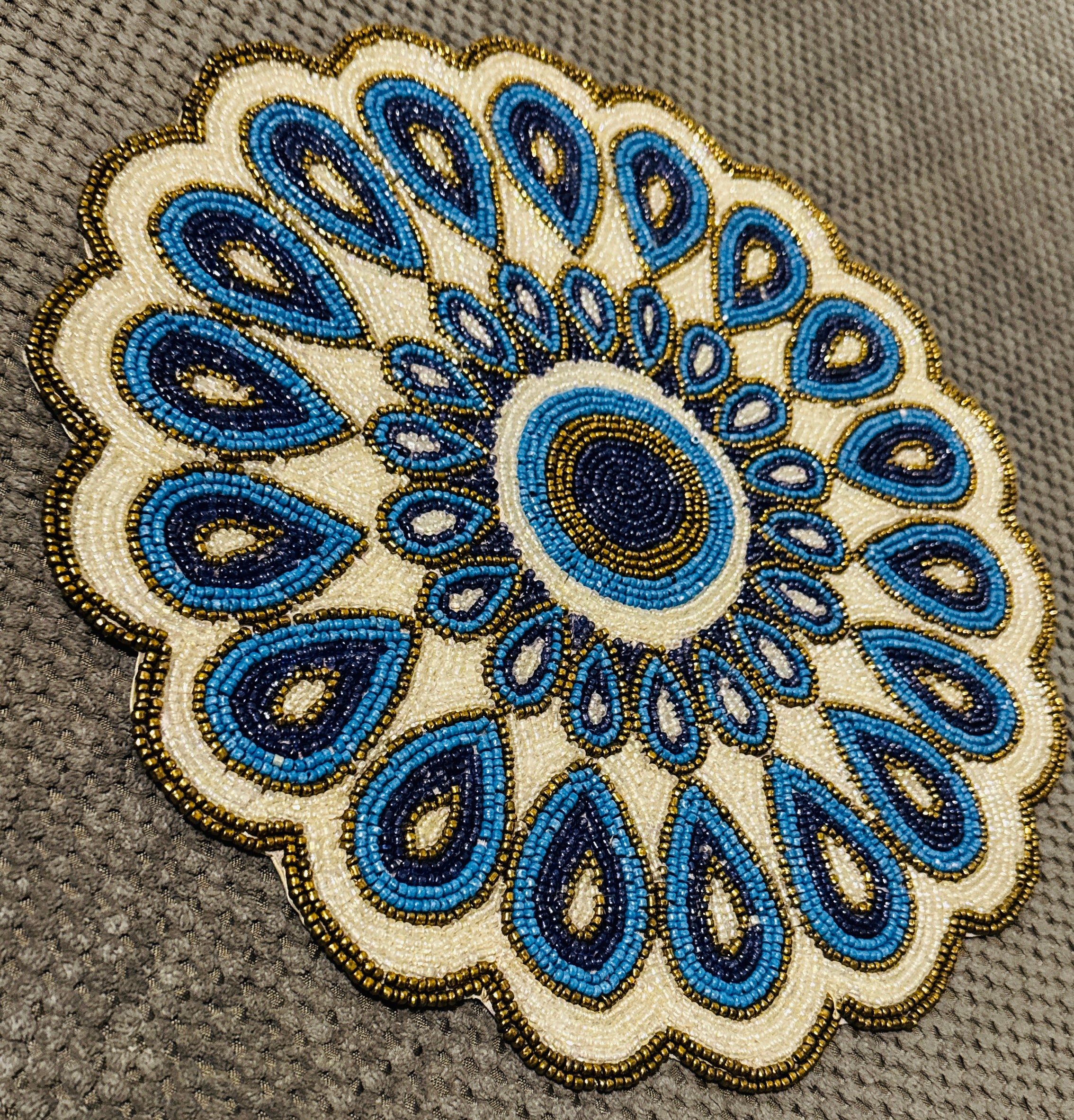 Hand-Beaded Peacock Table Mat – Blue & Gold