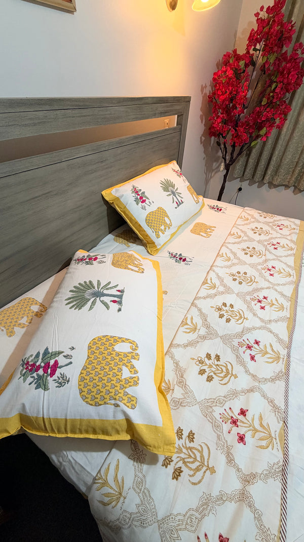 Hand Block Printed Mulmul Cotton Bedsheet and Dohar Set - Midnight Marigold