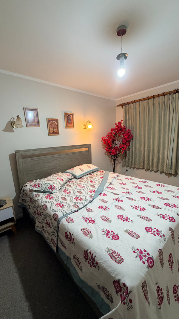 Hand Block Printed Mulmul Cotton Bedsheet and Dohar Set - Gulmohar Bloom