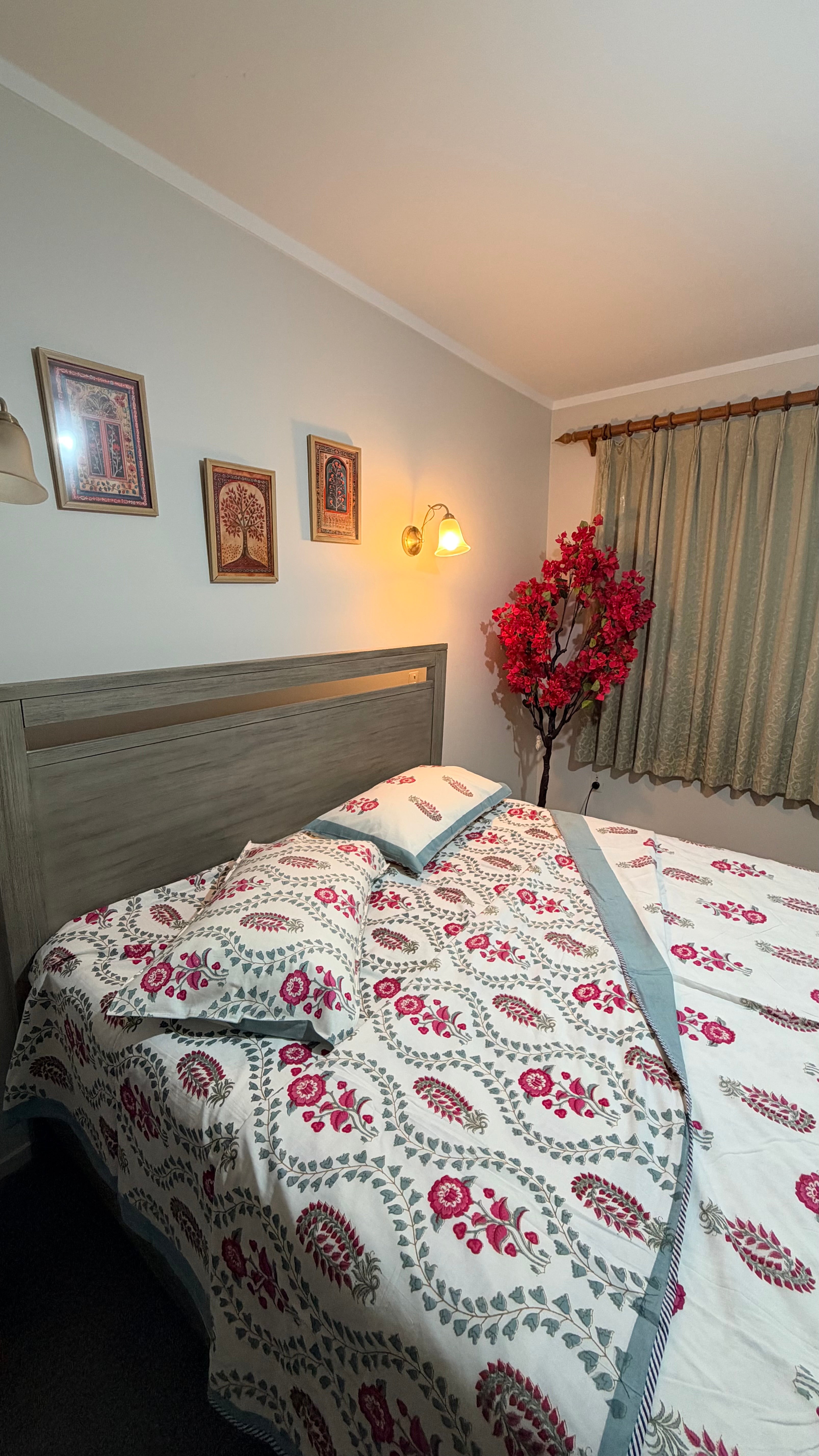Hand Block Printed Mulmul Cotton Bedsheet and Dohar Set - Gulmohar Bloom