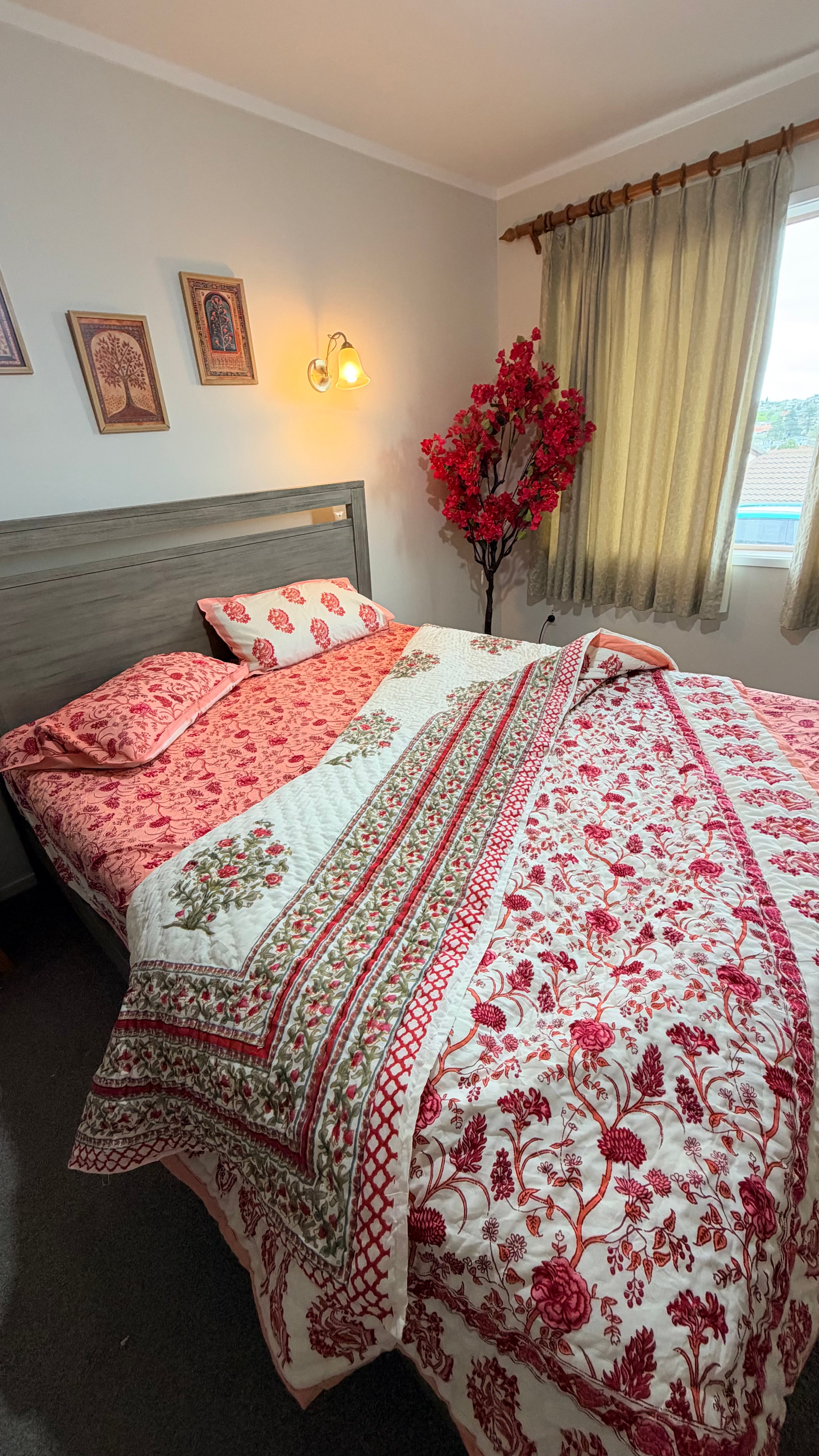 Hand Block Printed Cotton Queen Bedding Set - Red Poppy Gulzar