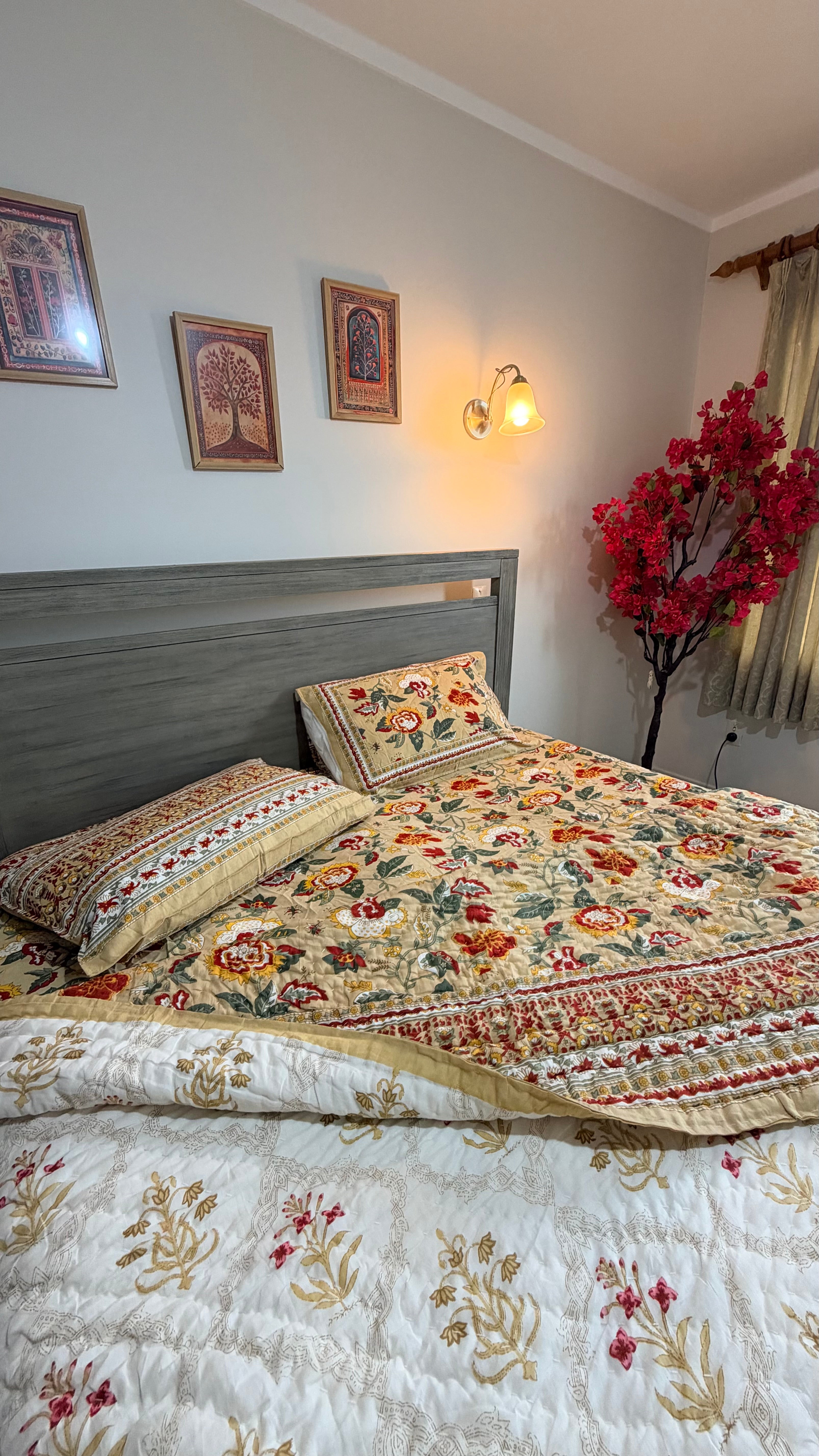 Hand Block Printed Cotton Bedding Queen Set with Quilt - Marigold Bloom