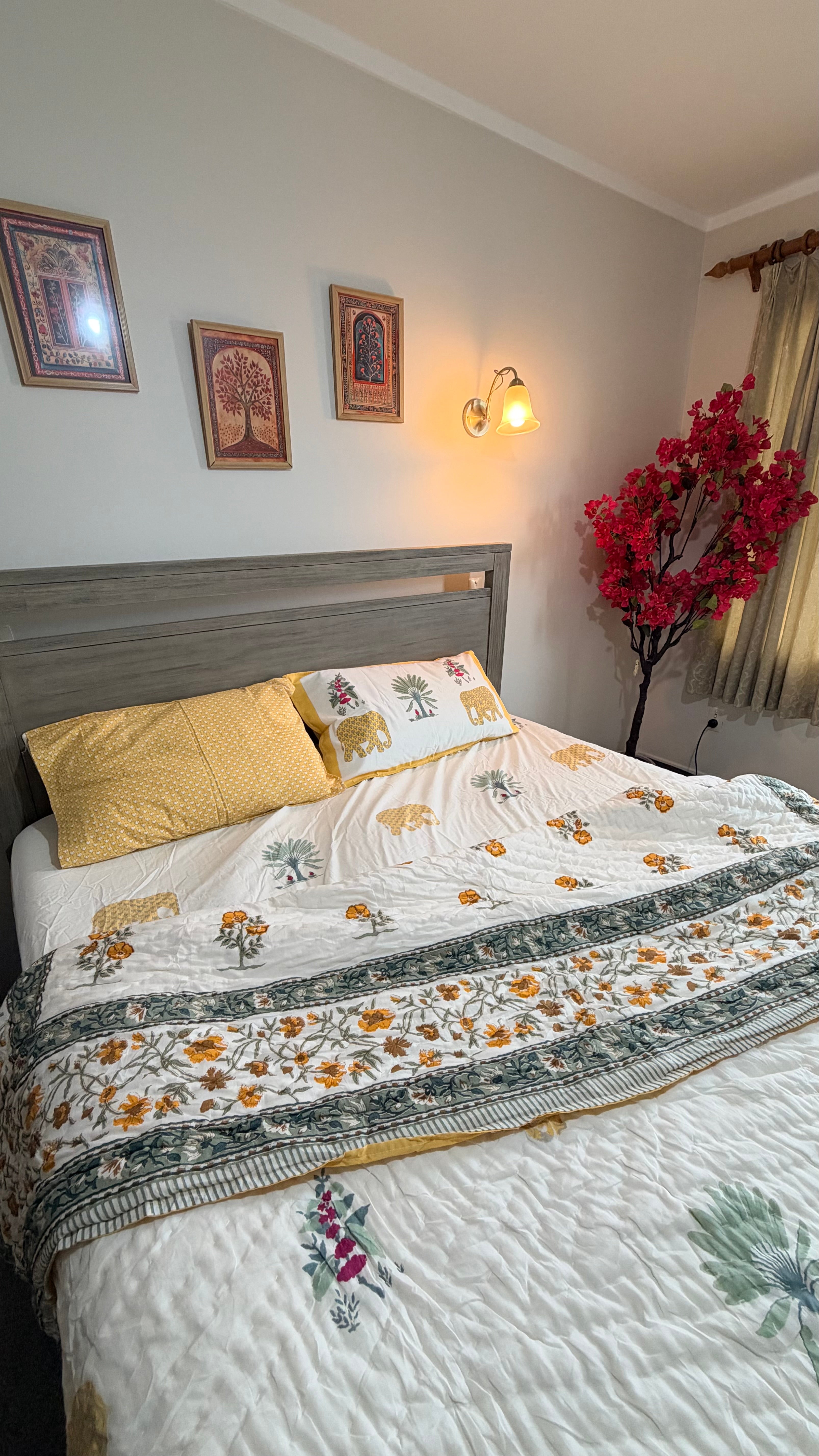 Hand Block Printed Cotton Bedding Queen Set with Quilt - Vintage Olive Botanica