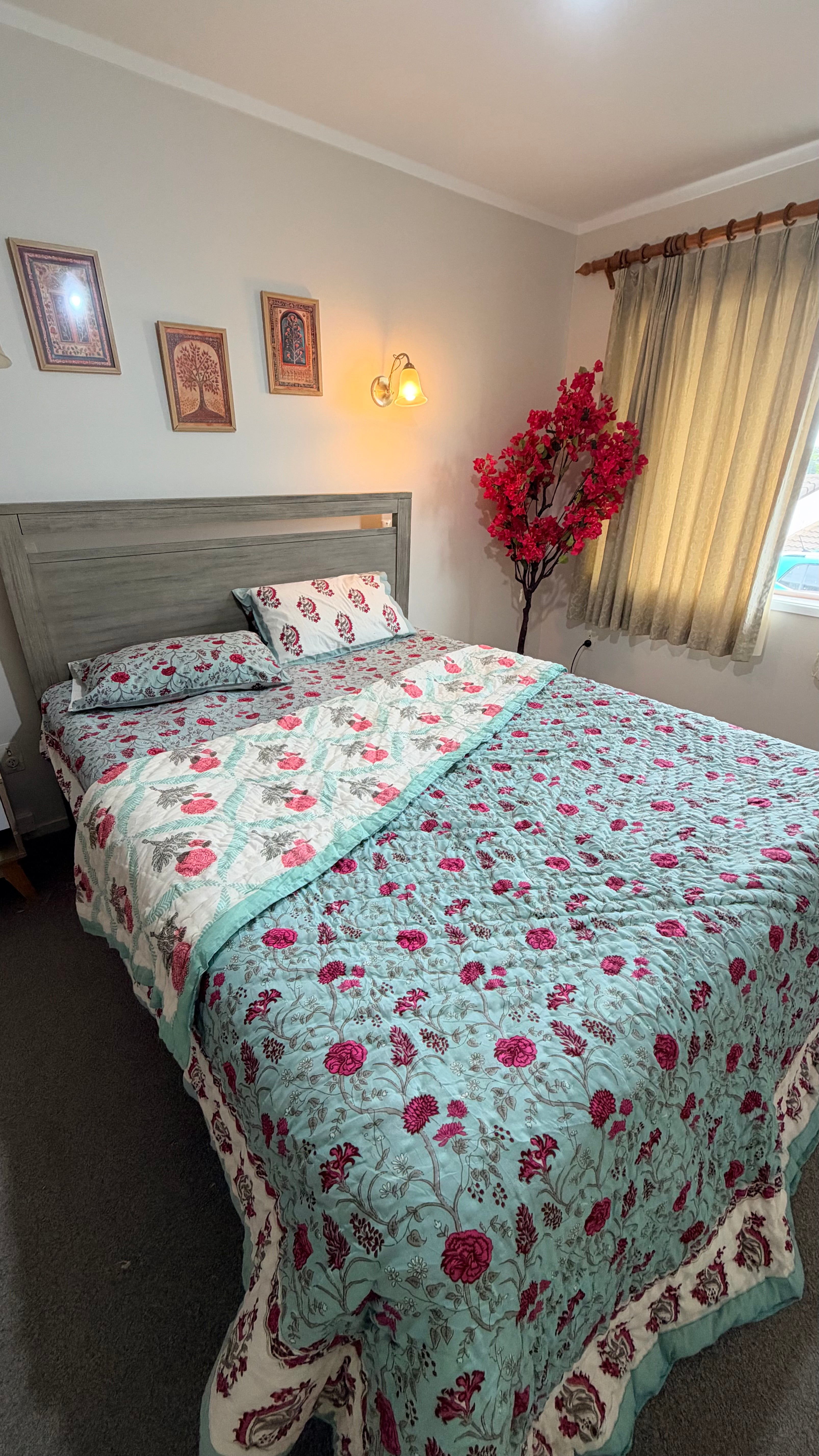 Hand Block Printed Cotton Bedding Set with Quilt - Blush Meadow Bloom
