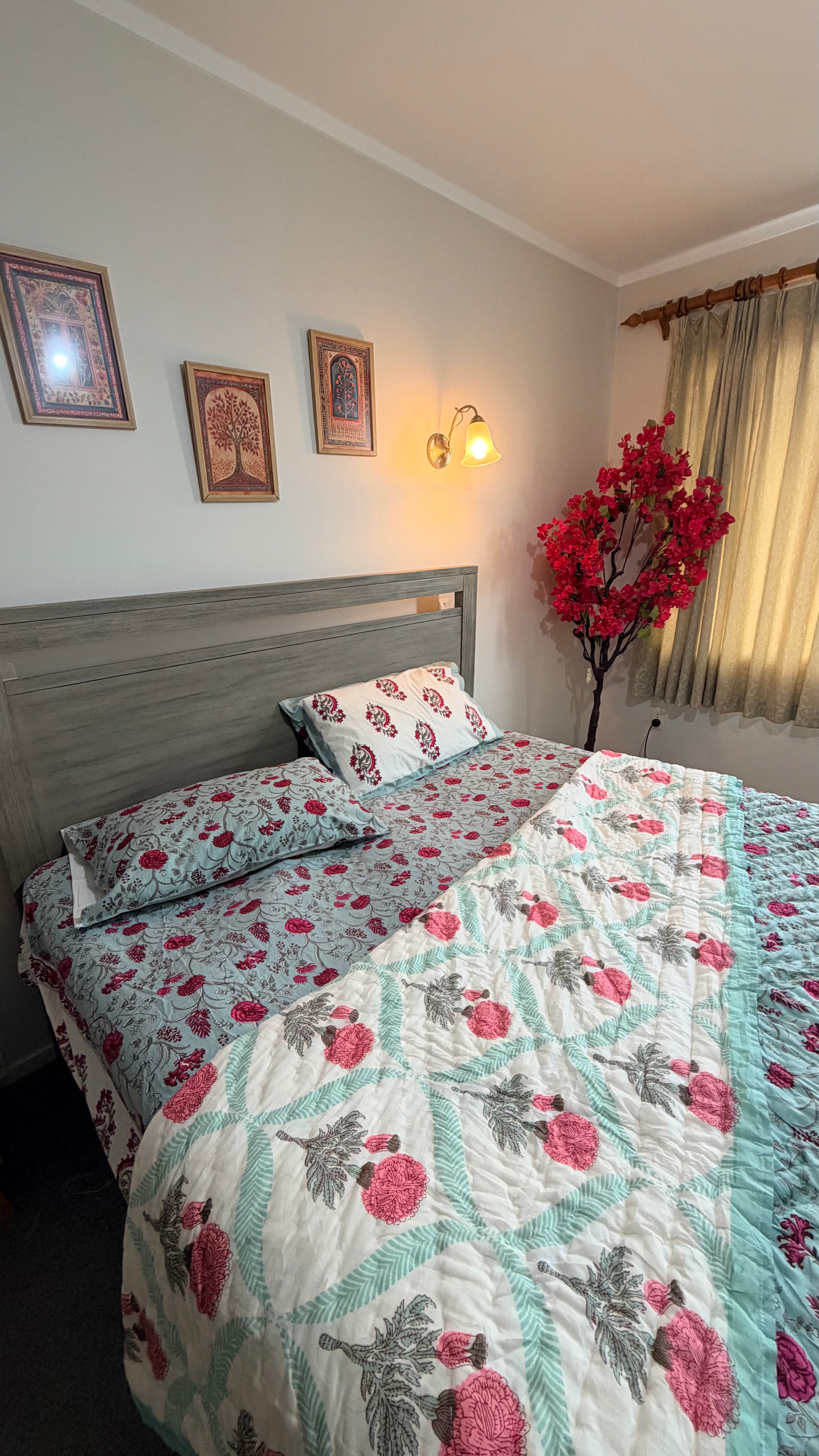 Hand Block Printed Cotton Bedding Set with Quilt - Blush Meadow Bloom
