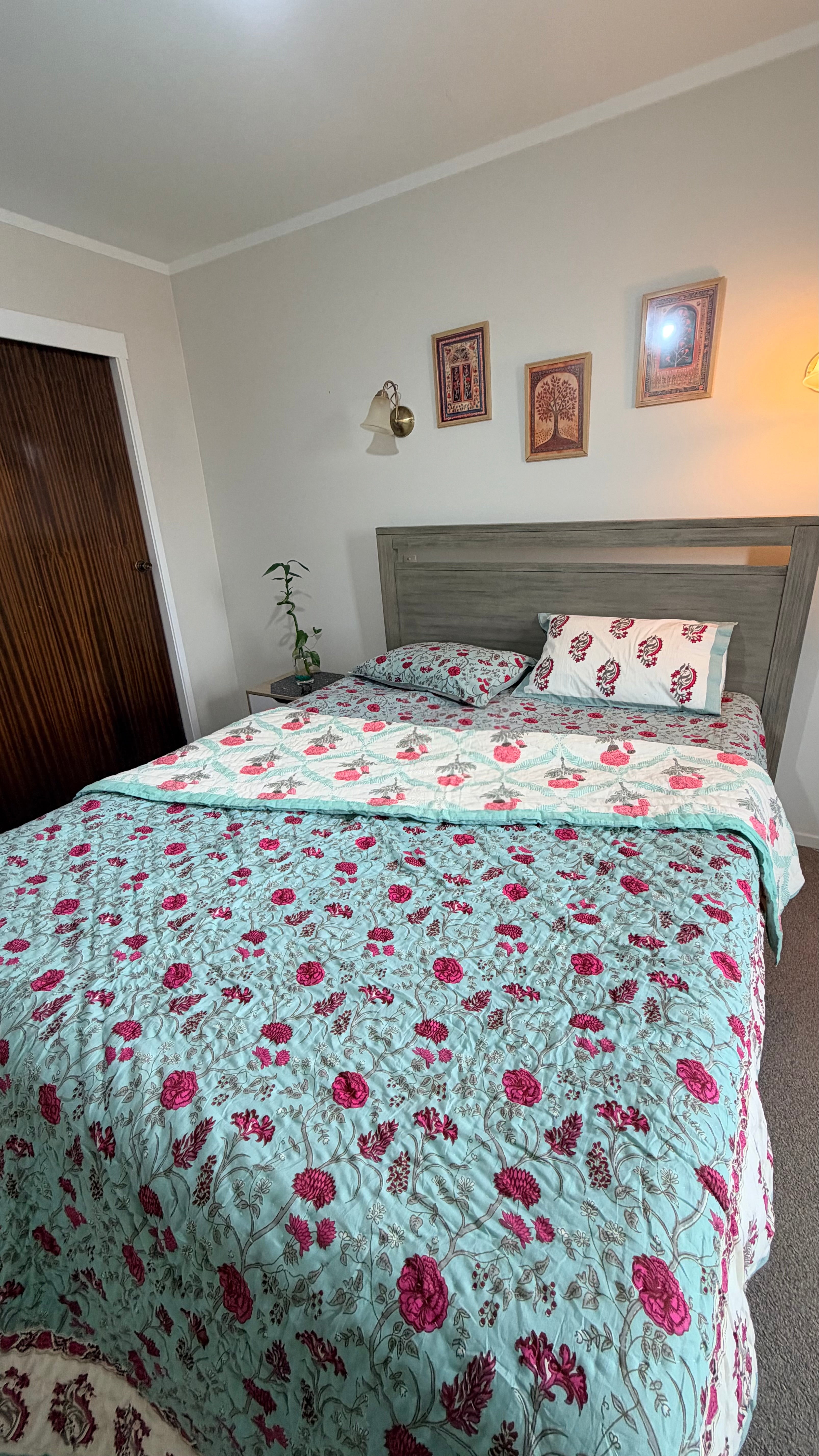 Hand Block Printed Cotton Bedding Set with Quilt - Blush Meadow Bloom