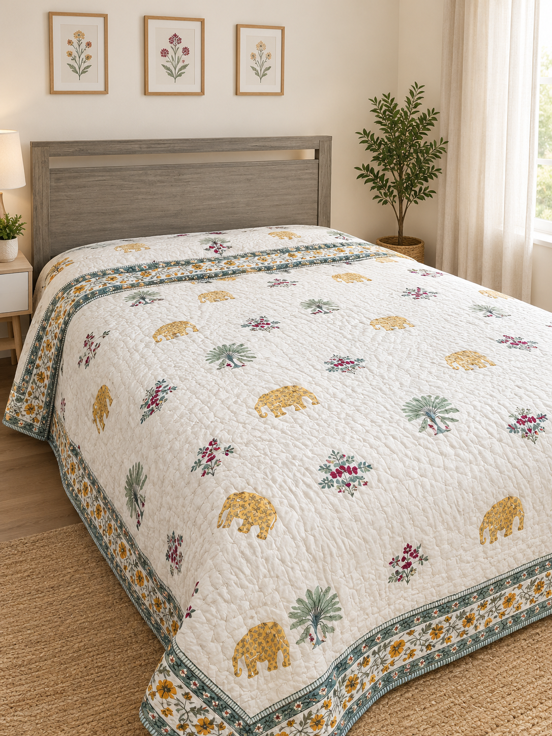Hand Block Printed Reversible Cotton Quilt - Shahi Hathi