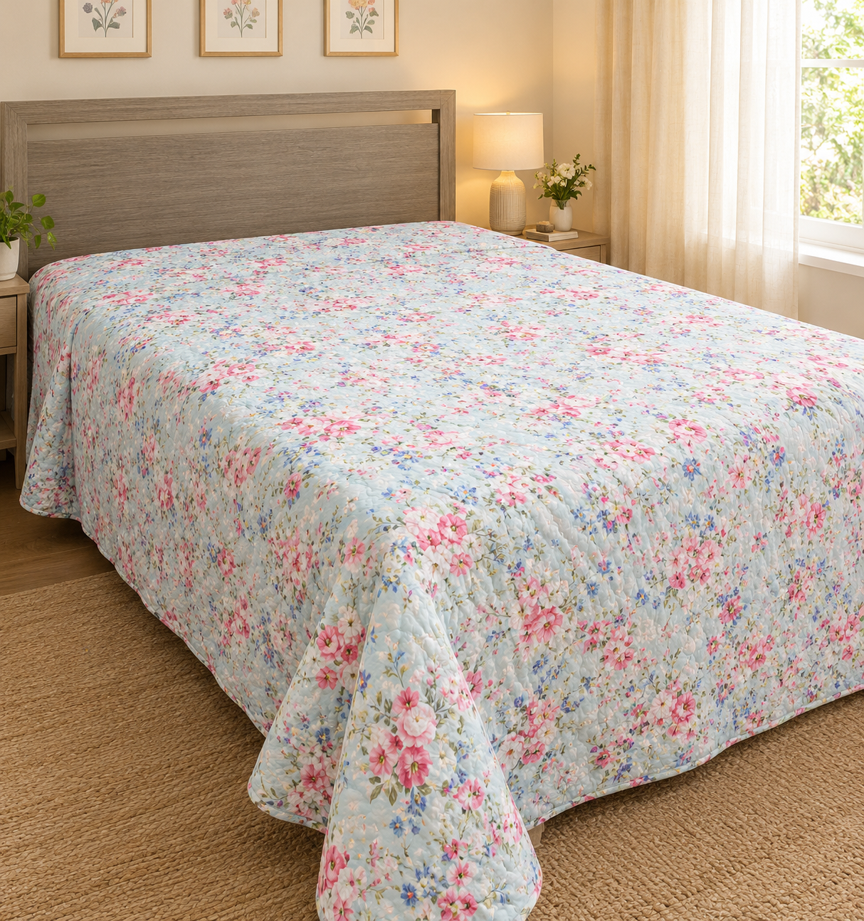 Hand Block Printed Reversible Cotton Quilt - Pastel Garden Bloom