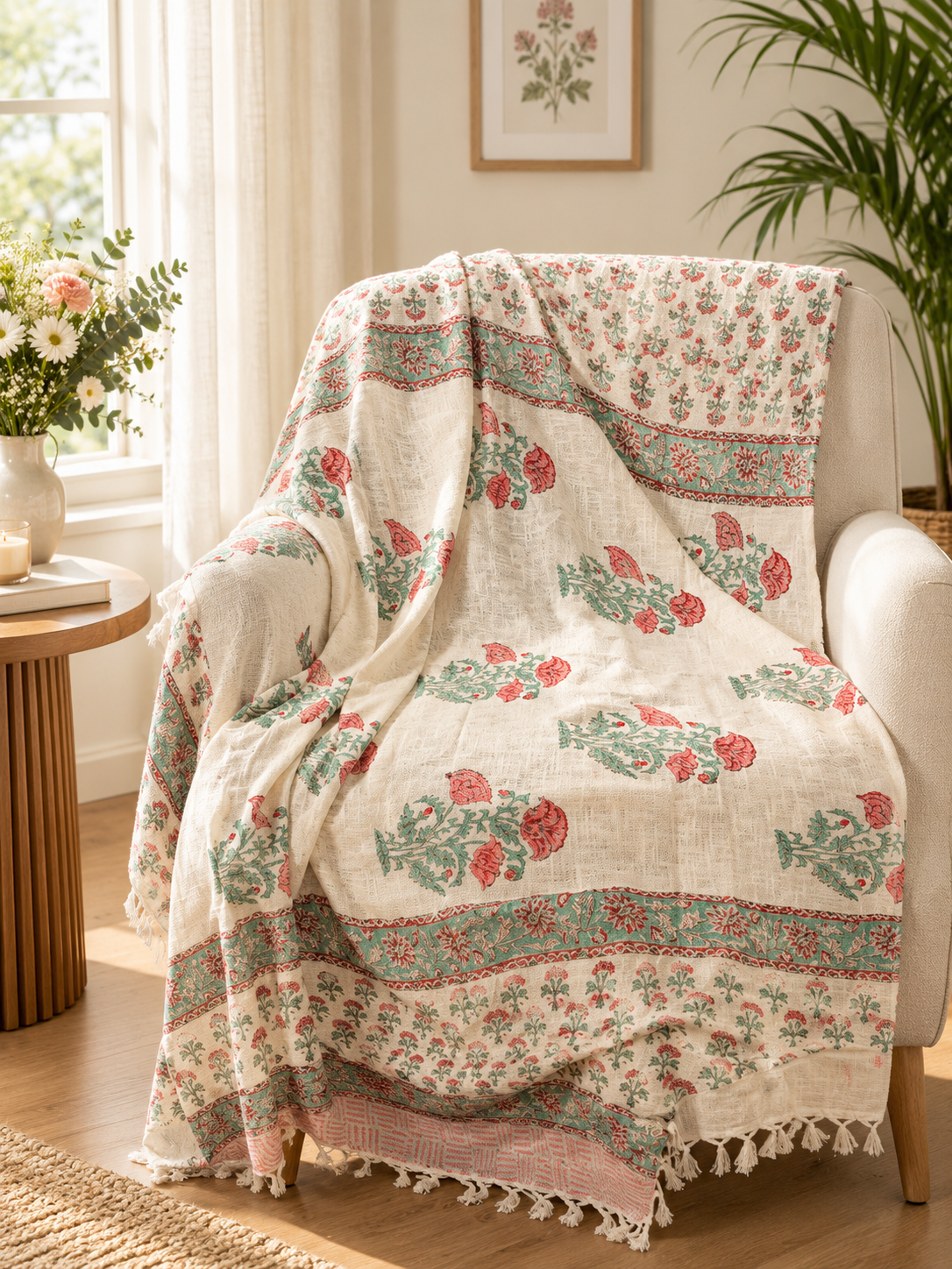 Hand Block Printed TNT Sofa Throw – Apple Blossom Tree