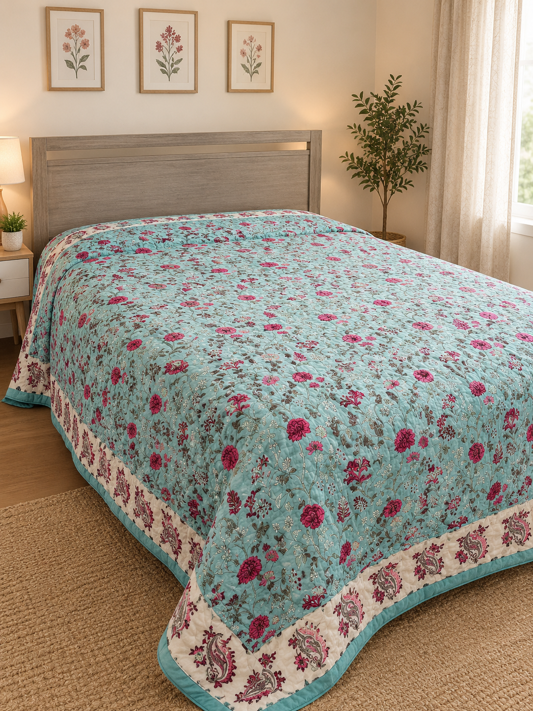 Hand Block Printed Reversible Cotton Quilt - Gulshan-e-Noor